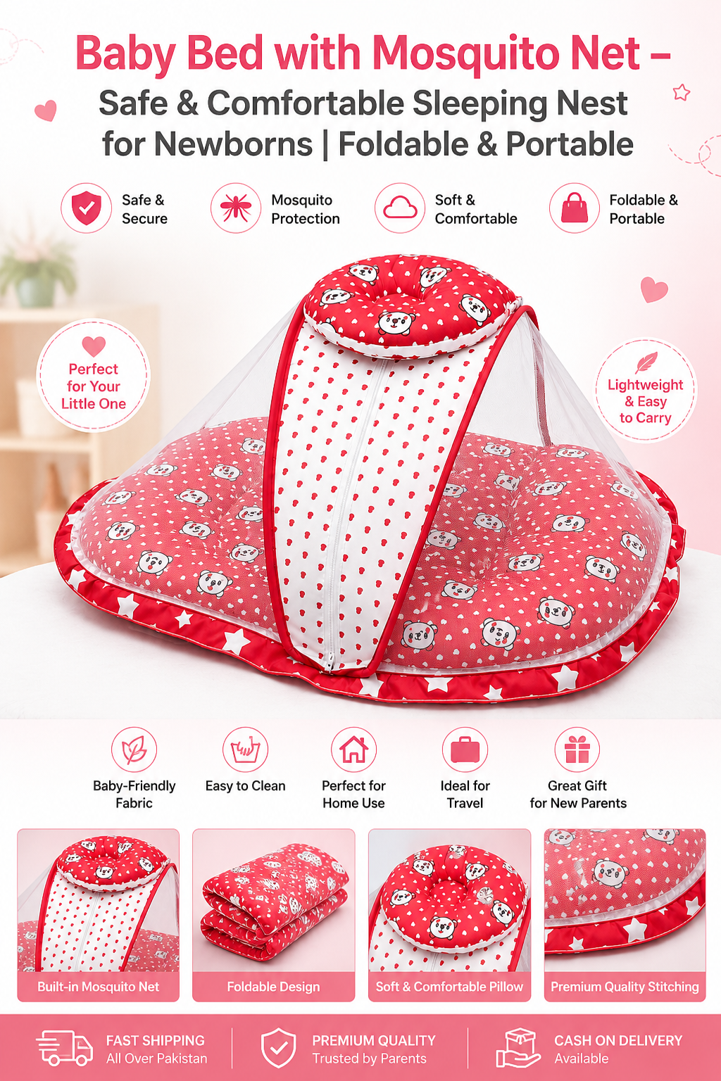 Goll Baby Bed with Mosquito Net β Safe & Comfortable Sleeping Nest for Newborns | Foldable & Portable