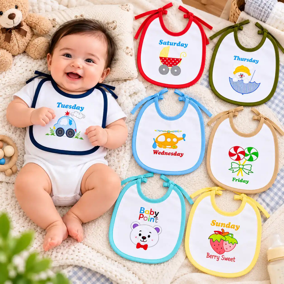 Pack of 7 Baby Bibs – Soft & Colorful Everyday Feeding Bibs