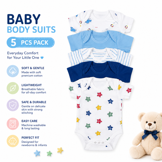 NexaBaby™ 5-Piece Newborn Body Suits Set (100% Cotton)