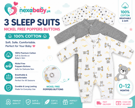 NexaBaby™ 3-Pack Premium Cotton Baby Sleep Suits with Nickel-Free Poppers