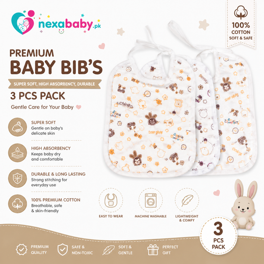 NexaBaby™ Premium Baby Bibs – 3 Pcs Pack | Super Soft, High Absorbency | 100% Cotton