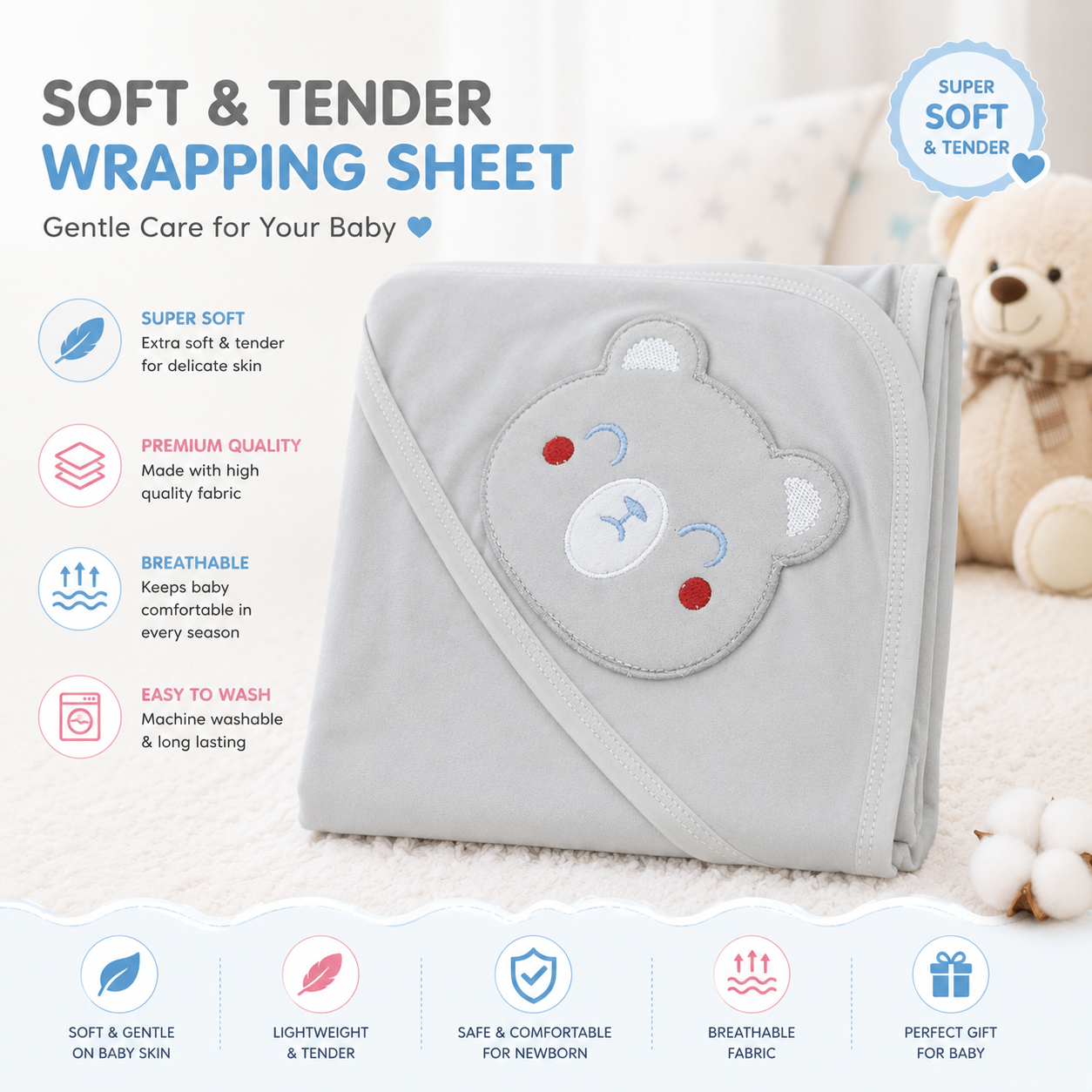 NexaBaby™ Soft & Tender Wrapping Sheet – 100% Premium Cotton Newborn
