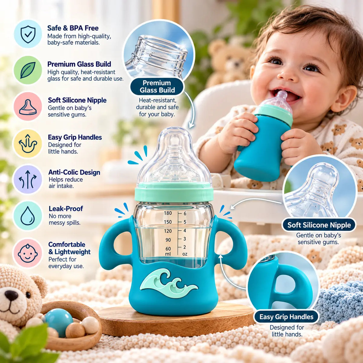 Premium Glass Baby Feeding Bottle – Cute Baby Feeder Gift for Newborns & Babies