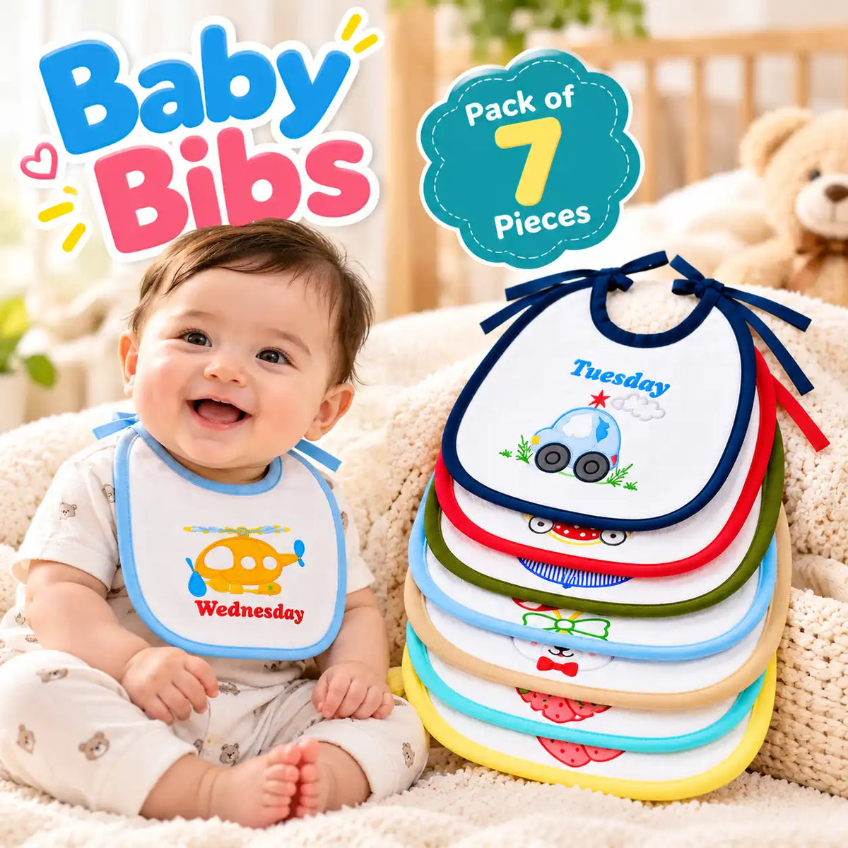 Pack of 7 Baby Bibs – Soft & Colorful Everyday Feeding Bibs